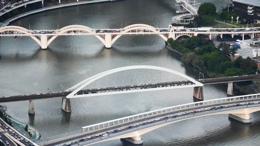 The William Jolly Bridge, the Grey Street rail bridge and the Go Between Bridge cross Brisbane River on May 8, 2014.