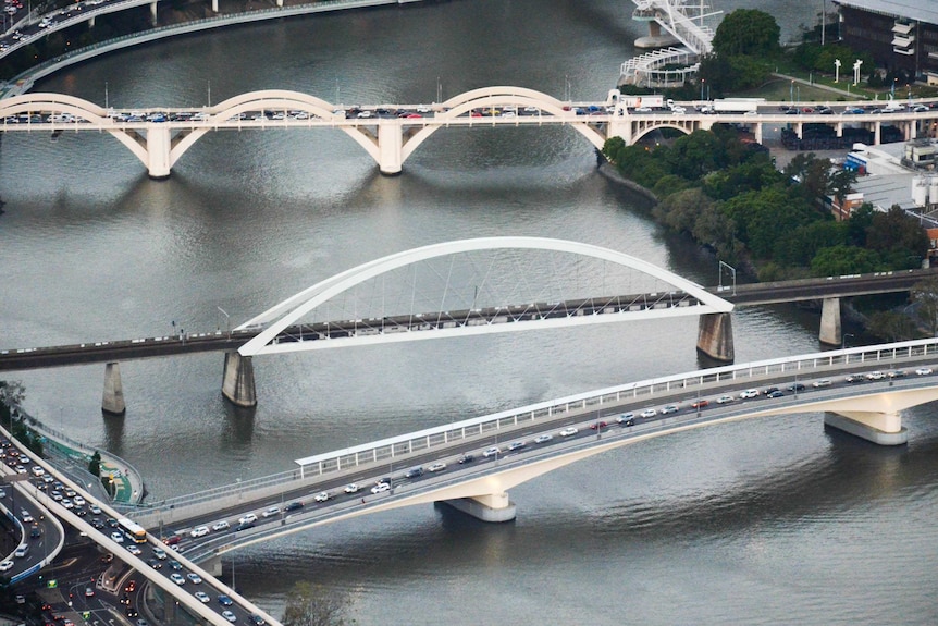 The William Jolly Bridge, the Grey Street rail bridge and the Go Between Bridge cross Brisbane River on May 8, 2014.