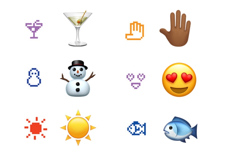 The old and new versions of the martini, snowman, sun, waving hand, love-heart eyes and fish emojis.
