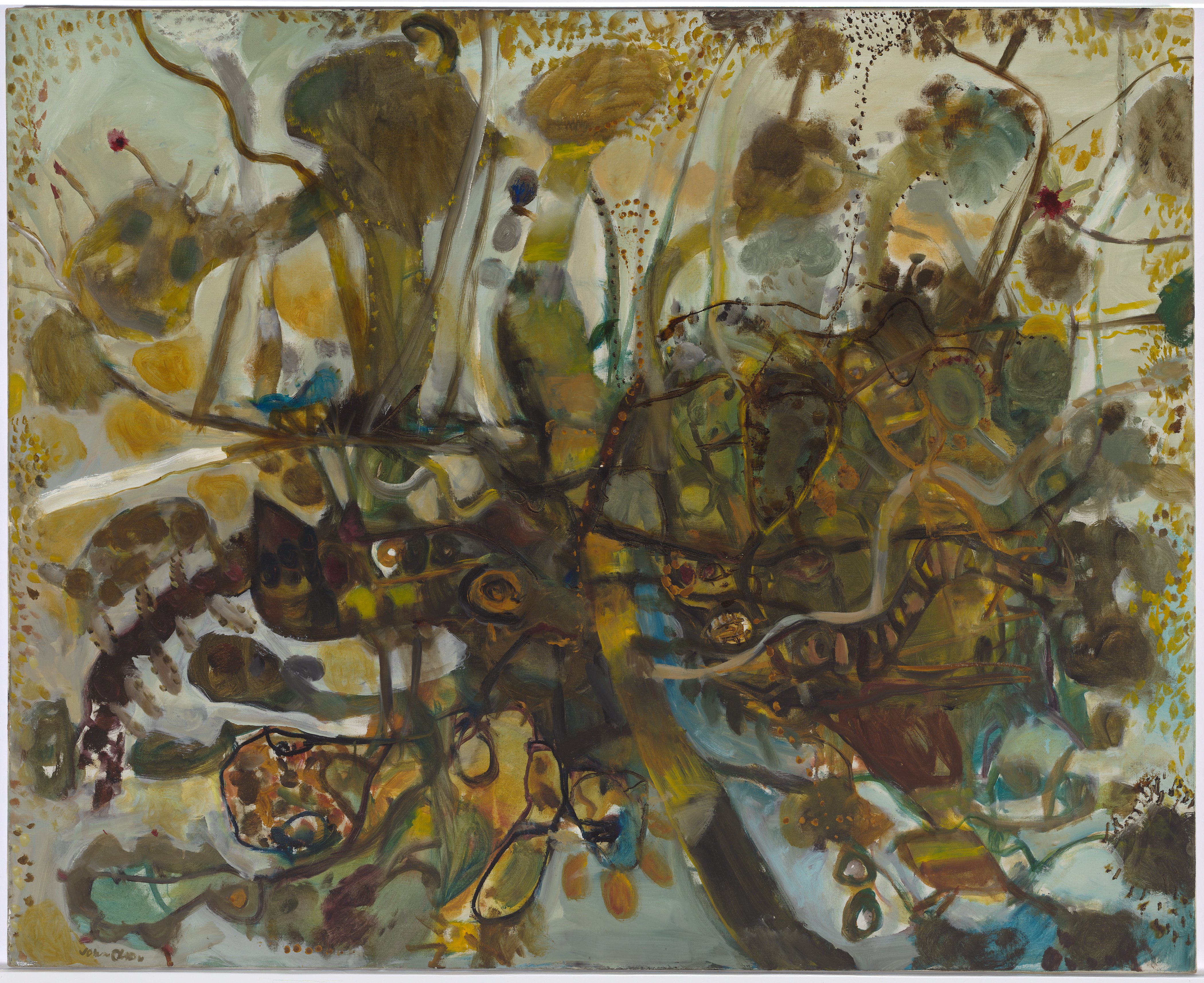 An abstract landscape painting in dark greens, blue, browns and mustard yellow. Blobs of paint and lines stretching out.