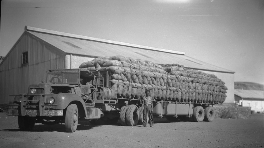 Black-and-white image of truck driver with a truck full of asbestos bags.