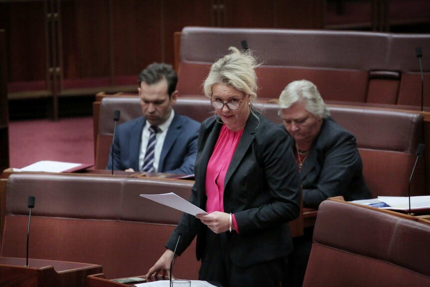 Bridget McKenzie in parliament stands at a bench holding papers in her hand.