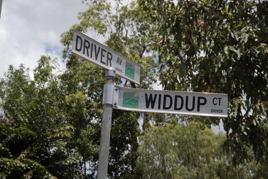 A pole with two street signs: one for Driver Avenue and one for Widdup Court.