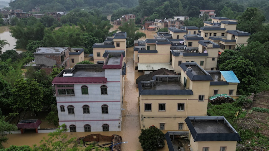 Aerial view of flooded buildings.