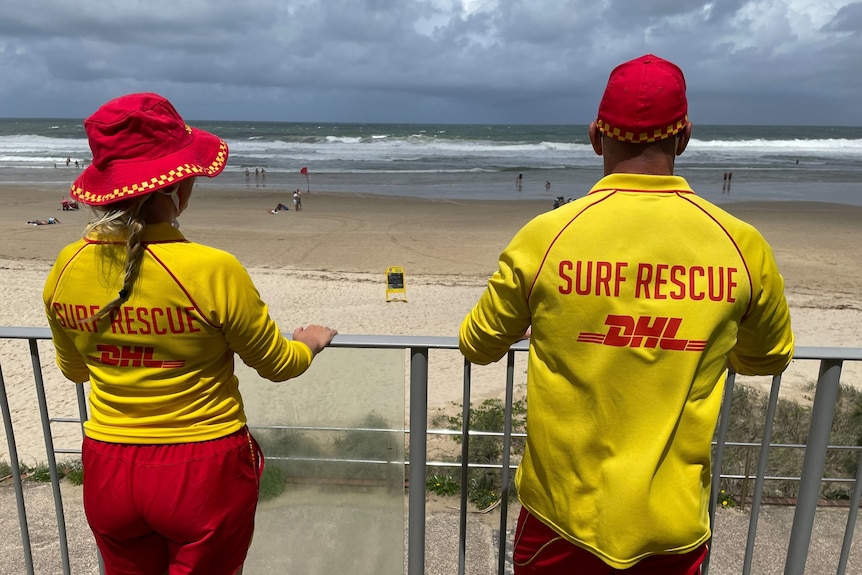 Lifeguards watch Coolum Beach amid worsening conditions at Coolum on Saturday afternoon.