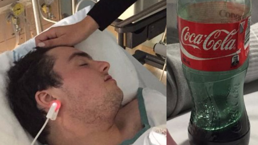 A split image showing a man sleeping in hospital and a soft drink bottle with a dark liquid in it.