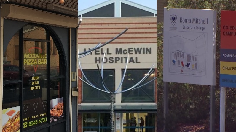 A composite image of the Woodville Pizza Bar, the Lyell McEwin Hospital and the sign of Roma Mitchell Secondary College.