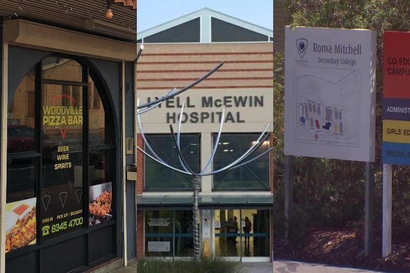 A composite image of the Woodville Pizza Bar, the Lyell McEwin Hospital and the sign of Roma Mitchell Secondary College.