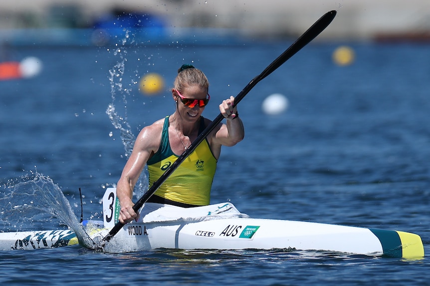 Kayaker Alyce Wood in the water paddling during the Tokyo Olympics.