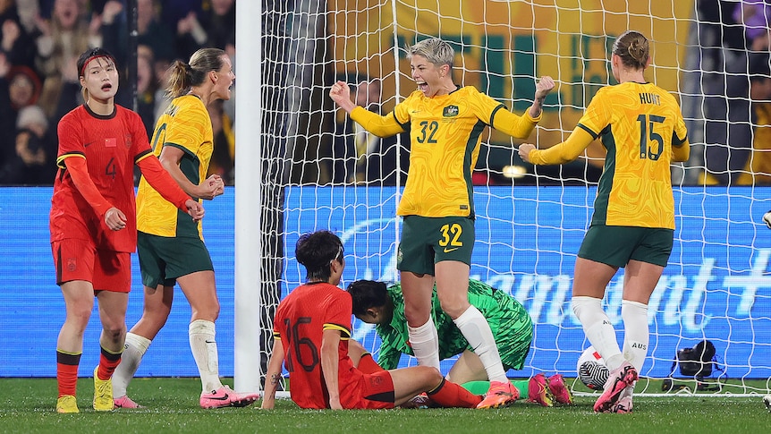 Michelle Heyman of Australia celebrates after scoring against China in Adelaide on May 31, 2024