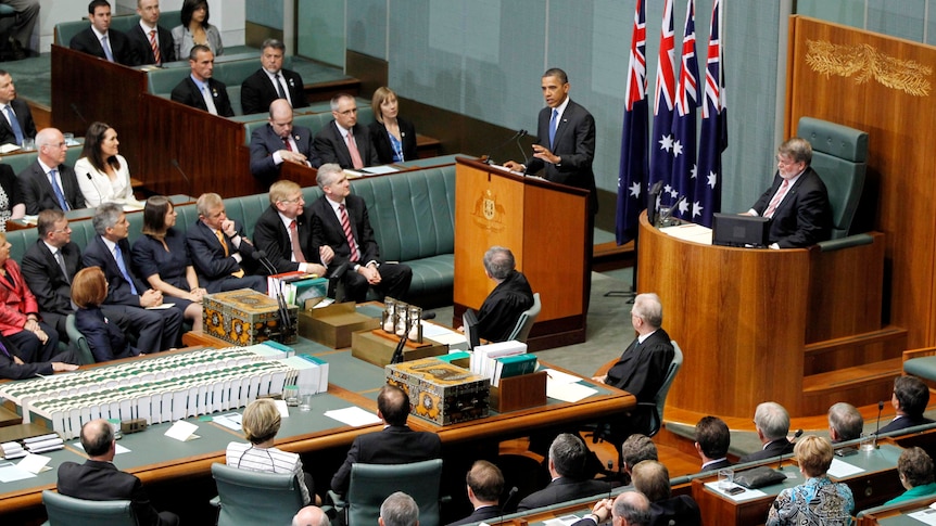 Barack Obama addresses a special sitting of Federal Parliament in the House of Representatives.