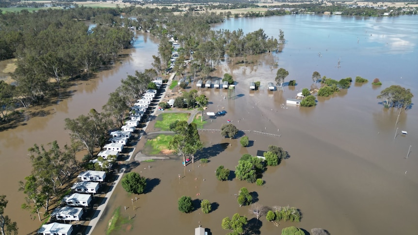 An aerial shot of a flooded caravan park 