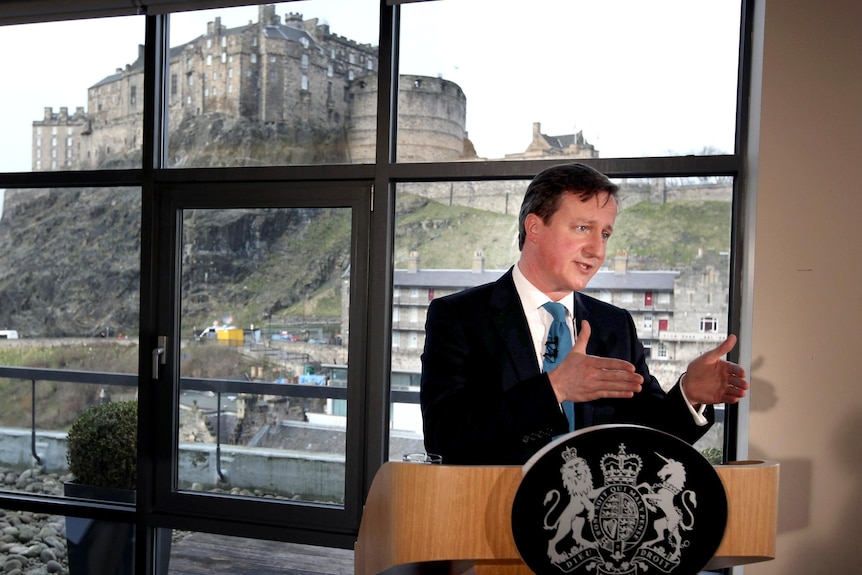 British Prime Minister David Cameron speaks in Edinburgh, Scotland.