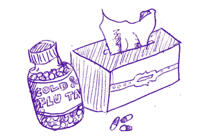 Illustration of tissues and a bottle of cold and flu tablets depicting the health impacts of burning out and stress.