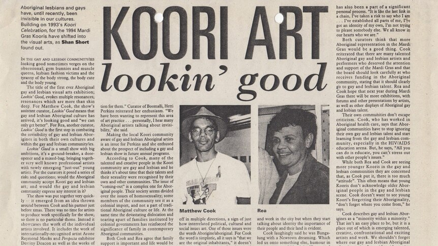 A newspaper article reads 'KOORI ART lookin' good' and includes photos of Matthew Cook and r e a