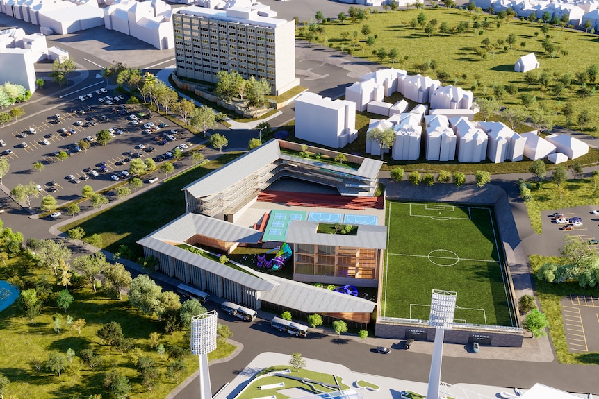 An aerial graphic of a proposed new school. 