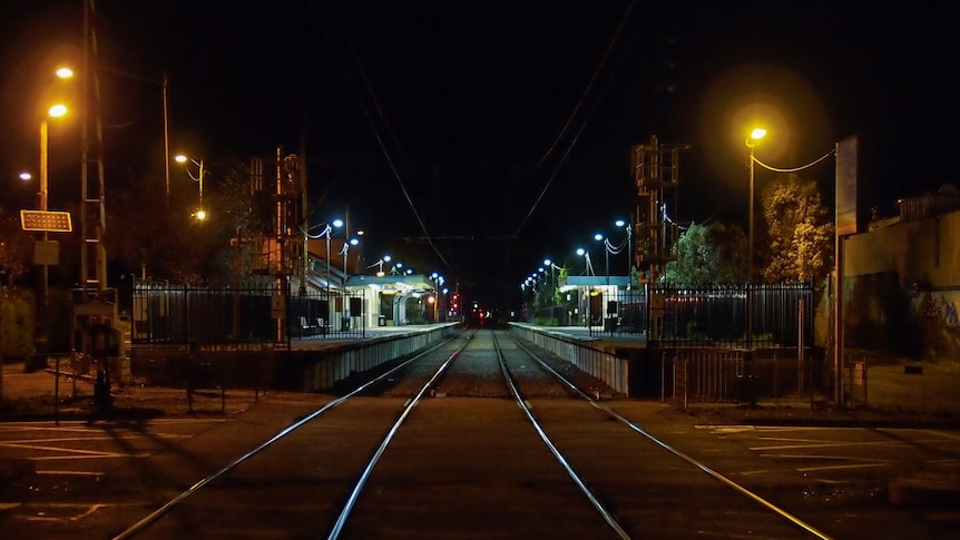 An empty train station at night during Melbourne's coronavirus curfew