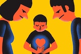 Adults look at child who has heart showing to represent philosophy of kindness and whether showing kindness is a weakness