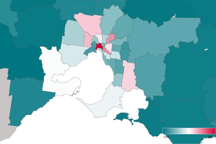 A map of the area surrounding Melbourne, showing the local government areas with the most cases marked in pink.