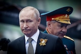 Vladimir Putin looking thoughtful while a Russian military general in dress uniform passes behind him