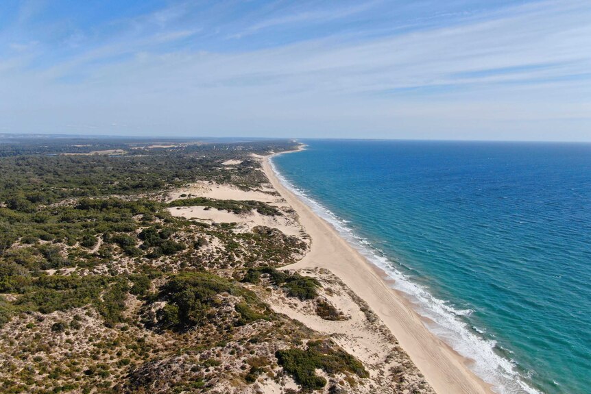 An aerial photo of the coastline between Mandurah and Bunbury, looking south near the town of Myalup