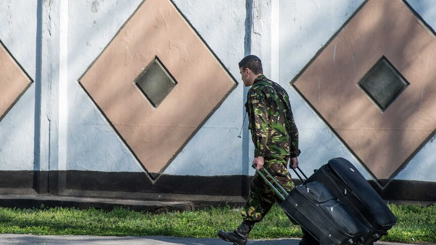 Ukrainian marine leaves base with suitcases