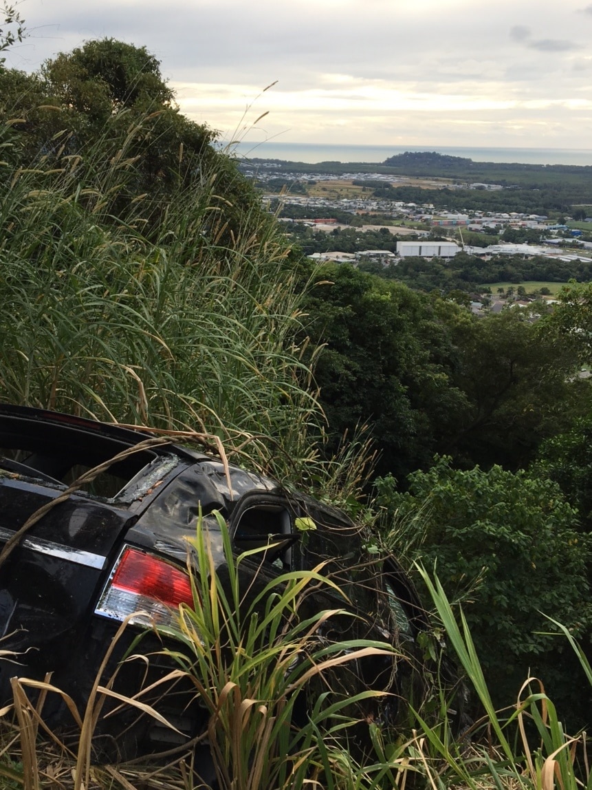 At about 7.40pm the car left the Kennedy Highway and travelled down a steep embankment on the Kuranda Range.