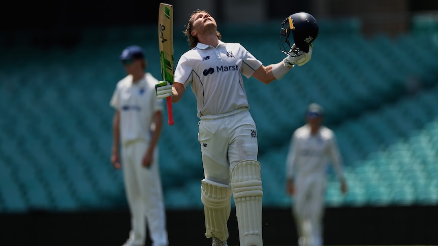 Will Pucovski celebrates a Sheffield Shield century for Victoria against NSW at the SCG.