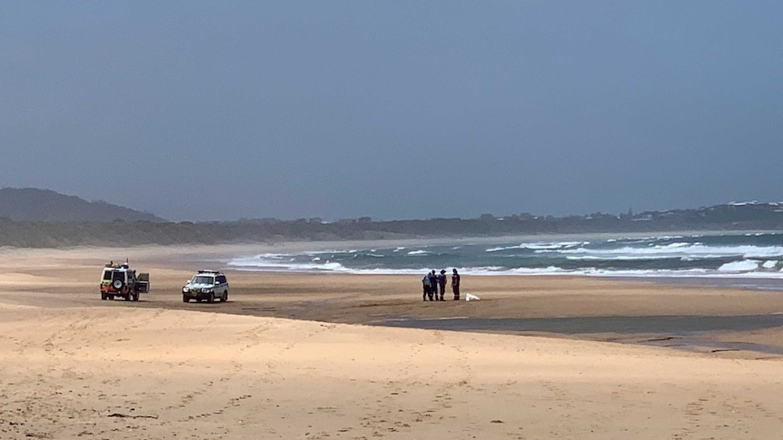 Police and ambulance officers stand on the sand at a beach.