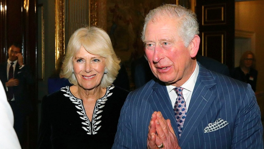 Britain's Prince Charles and Camilla entering a hall speaking to another person.