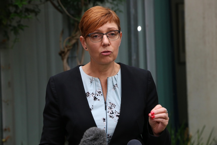 ACT Health Minister Rachel Stephen-Smith speaks at a press conference, she has short red hair and black glasses.