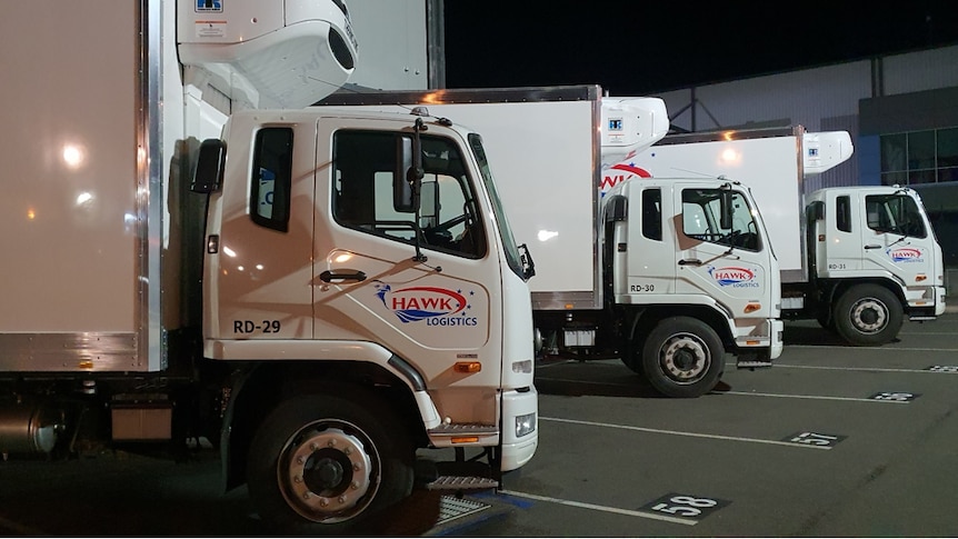 Three white trucks with refrigerated trailers lined up in a depot.