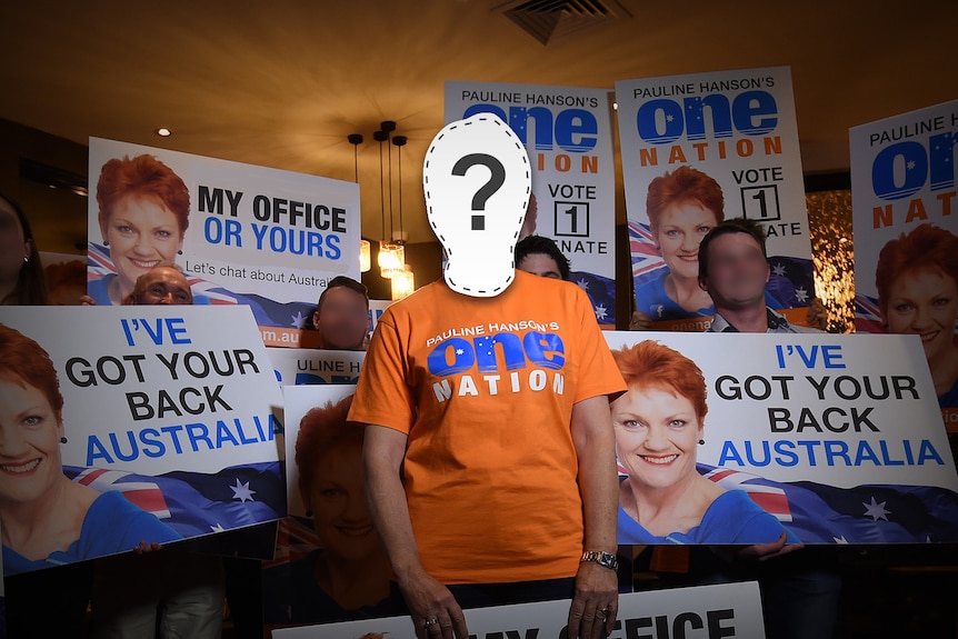 an image of silhoutte in front of One Nation campaign posters