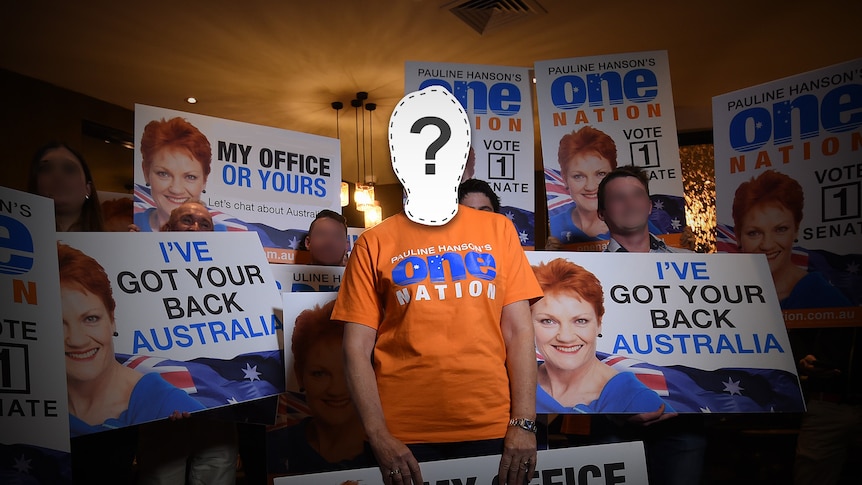 an image of silhoutte in front of One Nation campaign posters