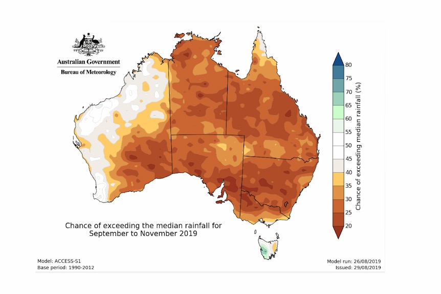 A map of Australia with BOM forecast data for 2019 showing an increased chance of median rainfall.