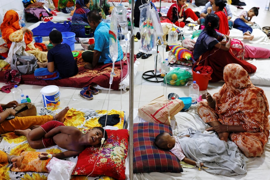 Dengue infected children receive treatment on a hospital floor.