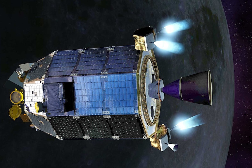 Artists impression of NASA's Lunar Atmosphere and Dust Environment Explorer (LADEE) spacecraft orbiting the Moon.