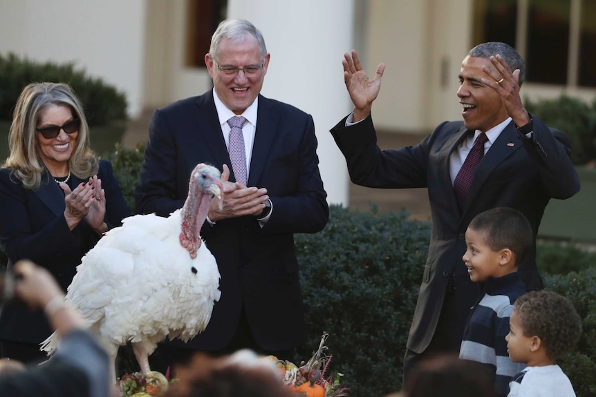 Barack Obama throws his hands in the air as he pardons the national Thanksgiving turkey.