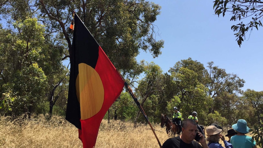 A protester flies the Aboriginal flag in bushland at Beeliar wetlands, with mounted police in the background.