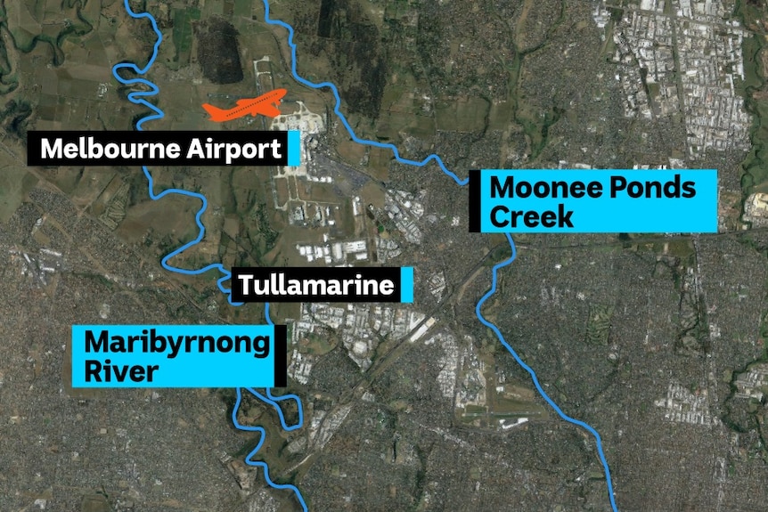 A map of Melbourne Airport showing its location between Maribyrnong River and Moonee Ponds Creek.