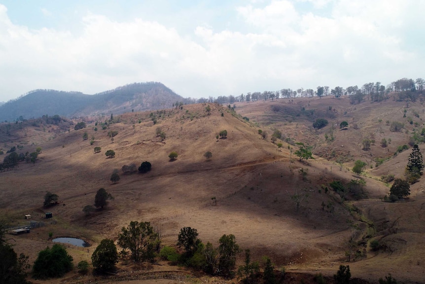 An aerial shot of rolling hills on an agricultural property. The landscape is very dried out and brown.