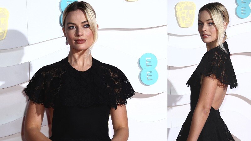 A composite image of Margot Robbie wearing a black lace dress with an exposed back.