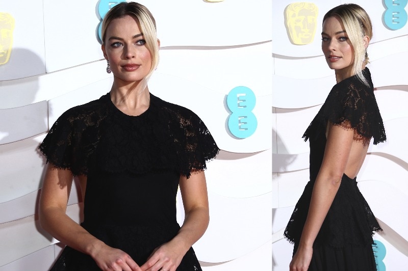 A composite image of Margot Robbie wearing a black lace dress with an exposed back.