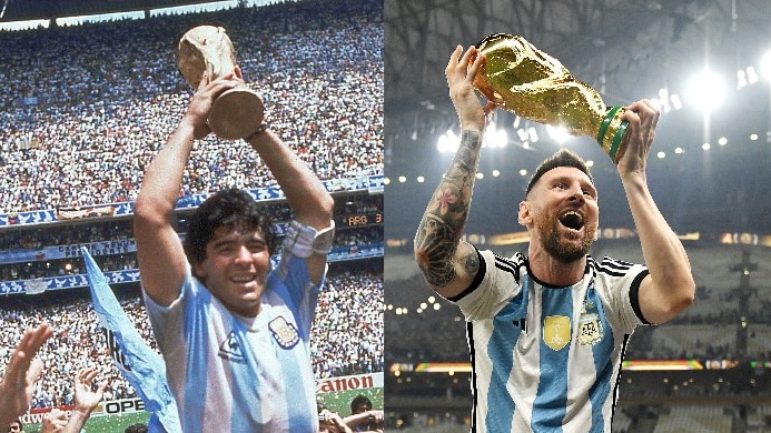 Composite image of Argentina's Diego Maradona and Lionel Messi holding up the 1986 and 2022 FIFA World Cup trophies.