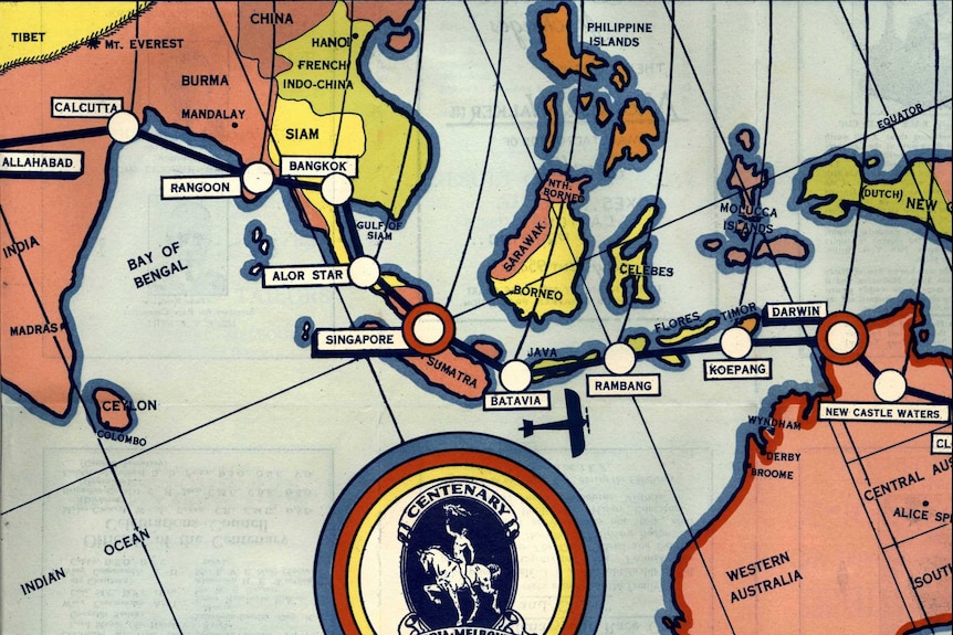 A colourful board game tracking an air plane flying from London to Melbourne.