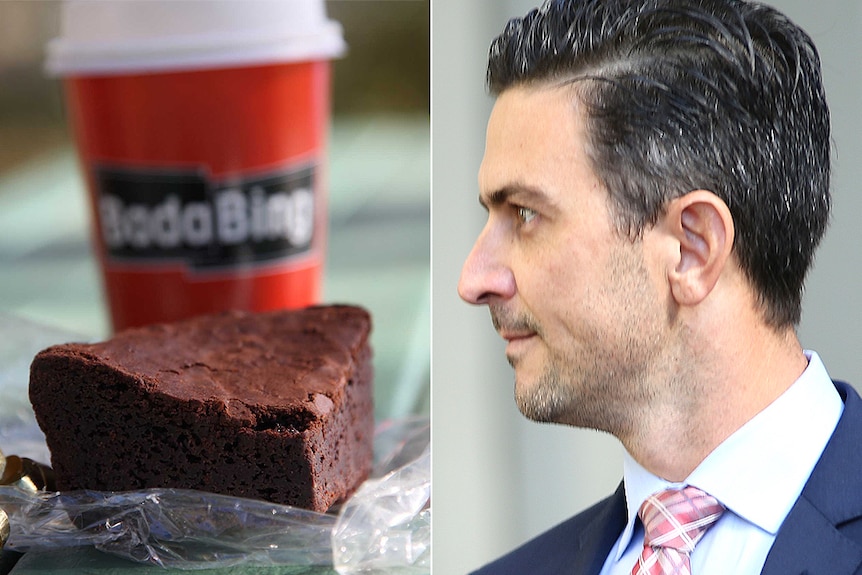 A composite image of a brownie in front of a coffee cup and a headshot of a man in a blue suit.