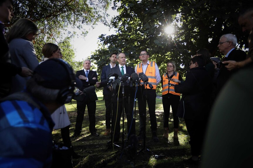 Bill Shorten addresses the media surrounded by his Labor colleagues in a park