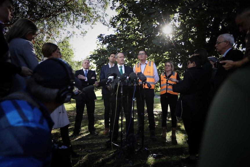 Bill Shorten addresses the media surrounded by his Labor colleagues in a park