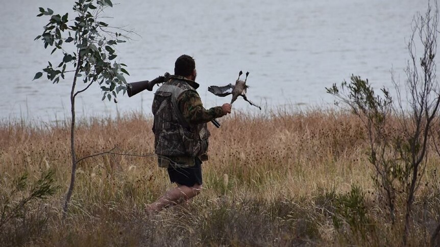 A man with a shotgun over his shoulder swings a duck by its neck.