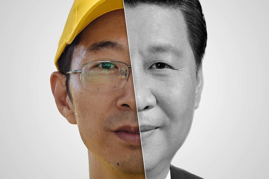A composite of Chinese president Xi Jinping & Falun Gong protester John Meng (Official/ABC:Tim Leslie)